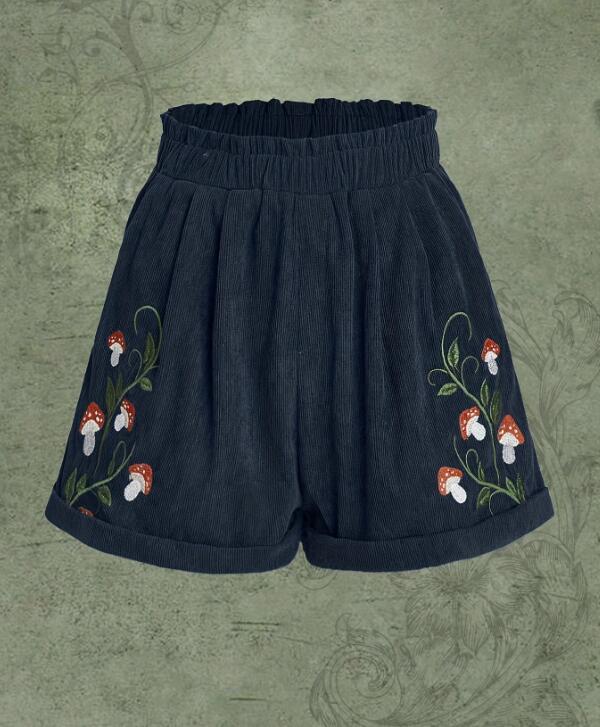 Corduroy Mushroom Embroidered Elastic Waist Casual Shorts