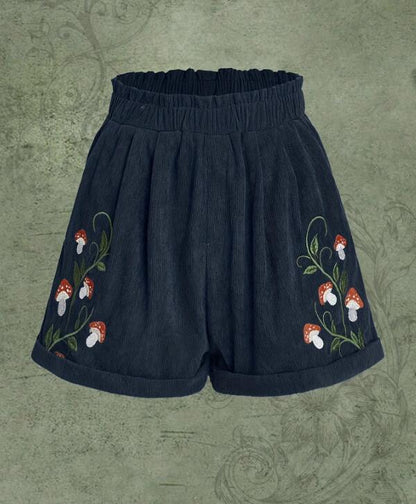 Corduroy Mushroom Embroidered Elastic Waist Casual Shorts