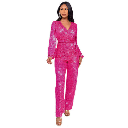 Women's Deep V Fashion Casual Long Sleeve Jumpsuits