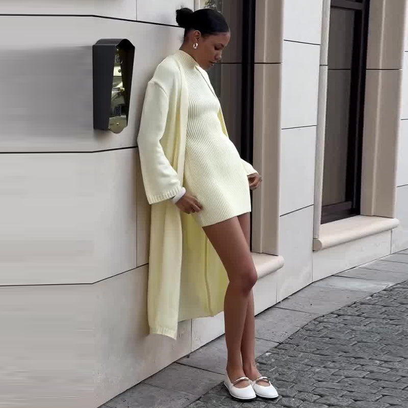 Women's Autumn Casual Long-sleeved Yellow Knitted Suits
