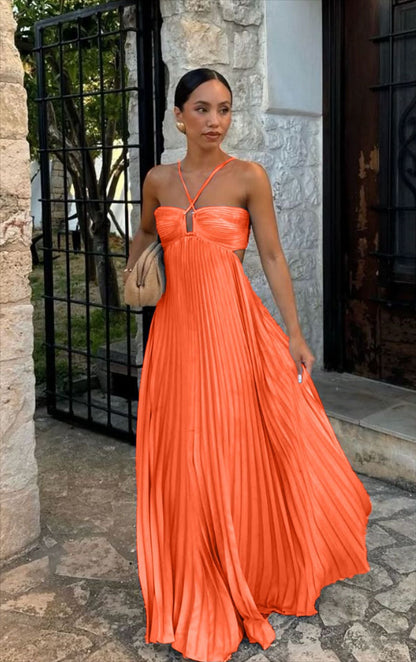 Summer Pure Color Pleated Sleeveless Suspender Dresses