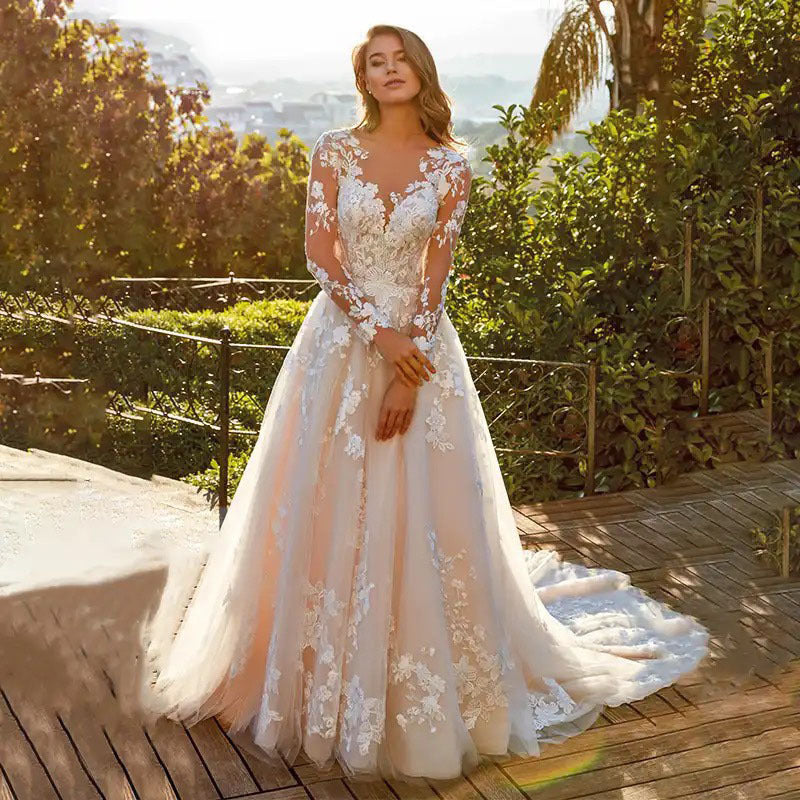 White Bridal Dress Long-sleeved Tight Waist Wedding Dresses