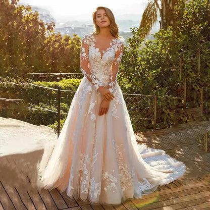 White Bridal Dress Long-sleeved Tight Waist Wedding Dresses