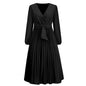 Women's Long Sleeve Pleated Belt Dress A- Dresses