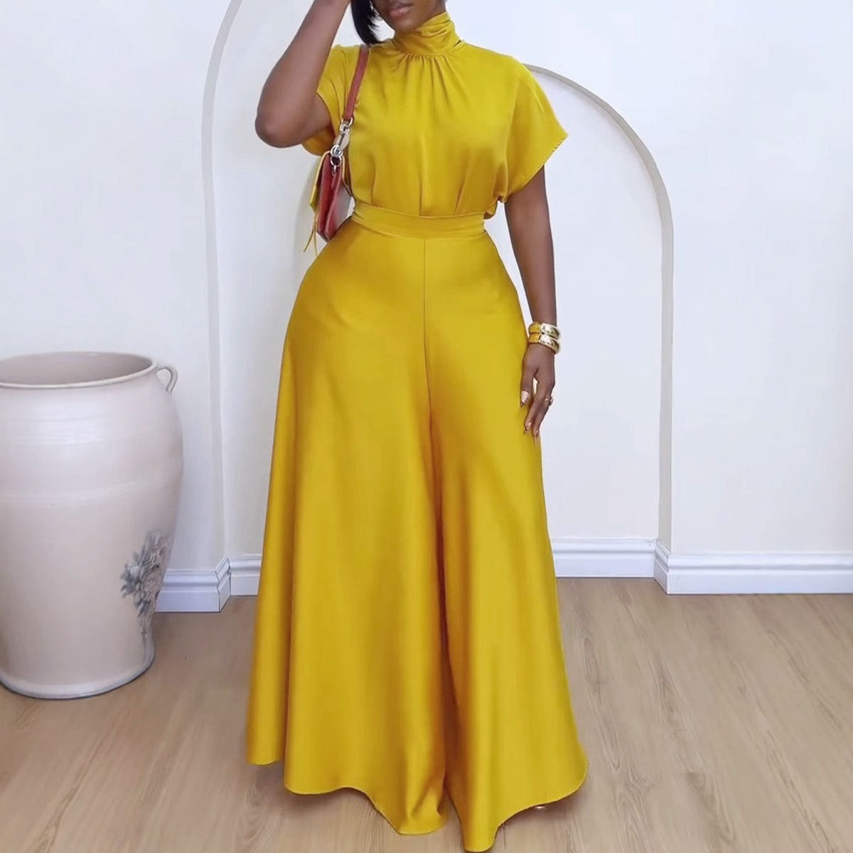 Silky Strap Flounced Sleeve Wide Leg Suits