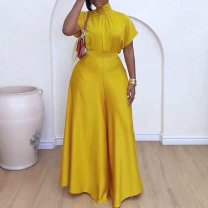 Silky Strap Flounced Sleeve Wide Leg Suits