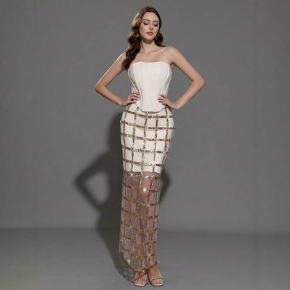 Women's Mesh Bandage Stitching Sexy Tight Maxi Dresses