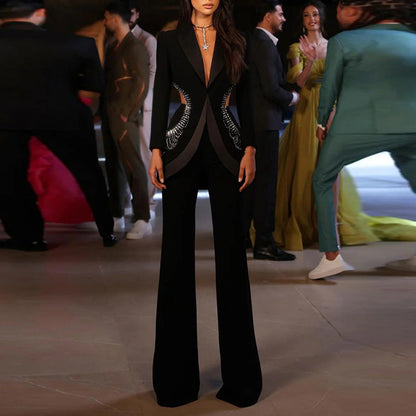 Summer Personality Hollow Out Rhinestone Trousers Suits