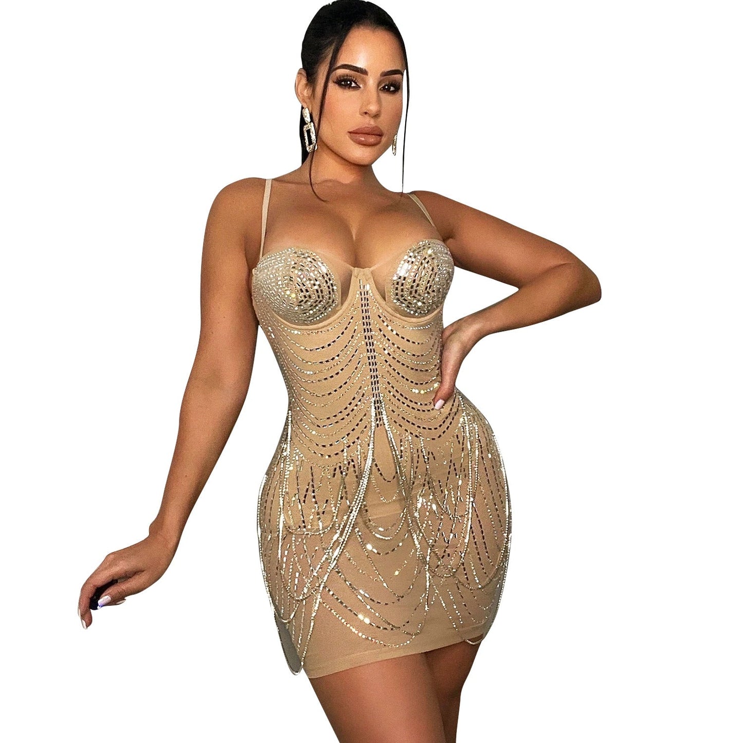 Women's Summer Fashion Nightclub Sexy Mesh Rhinestone Tassel Dresses