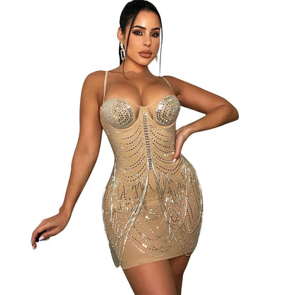 Women's Summer Fashion Nightclub Sexy Mesh Rhinestone Tassel Dresses