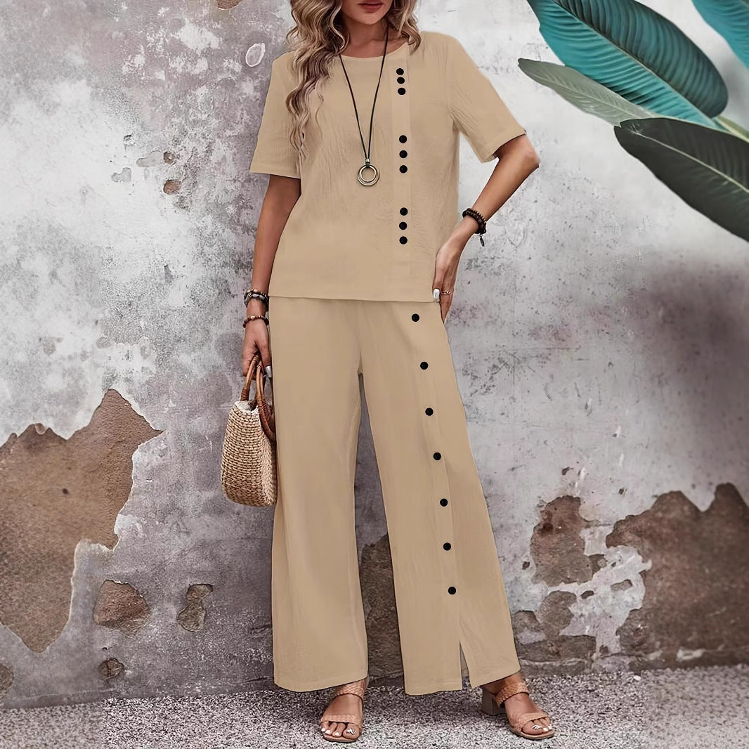 Women's Linen Fashion Casual Loose Two-piece Sleeve Button Suits