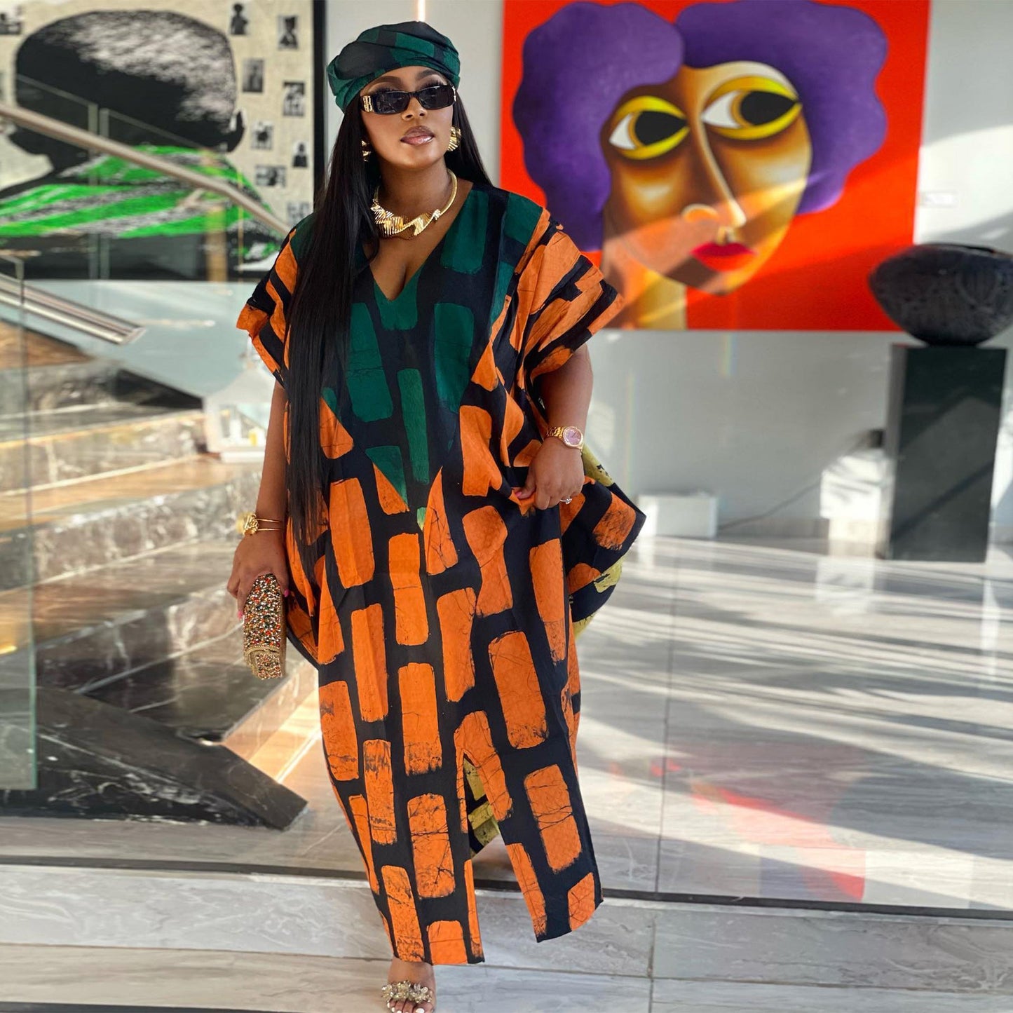 Stitching Printing Color Contrast Loose Split Dresses