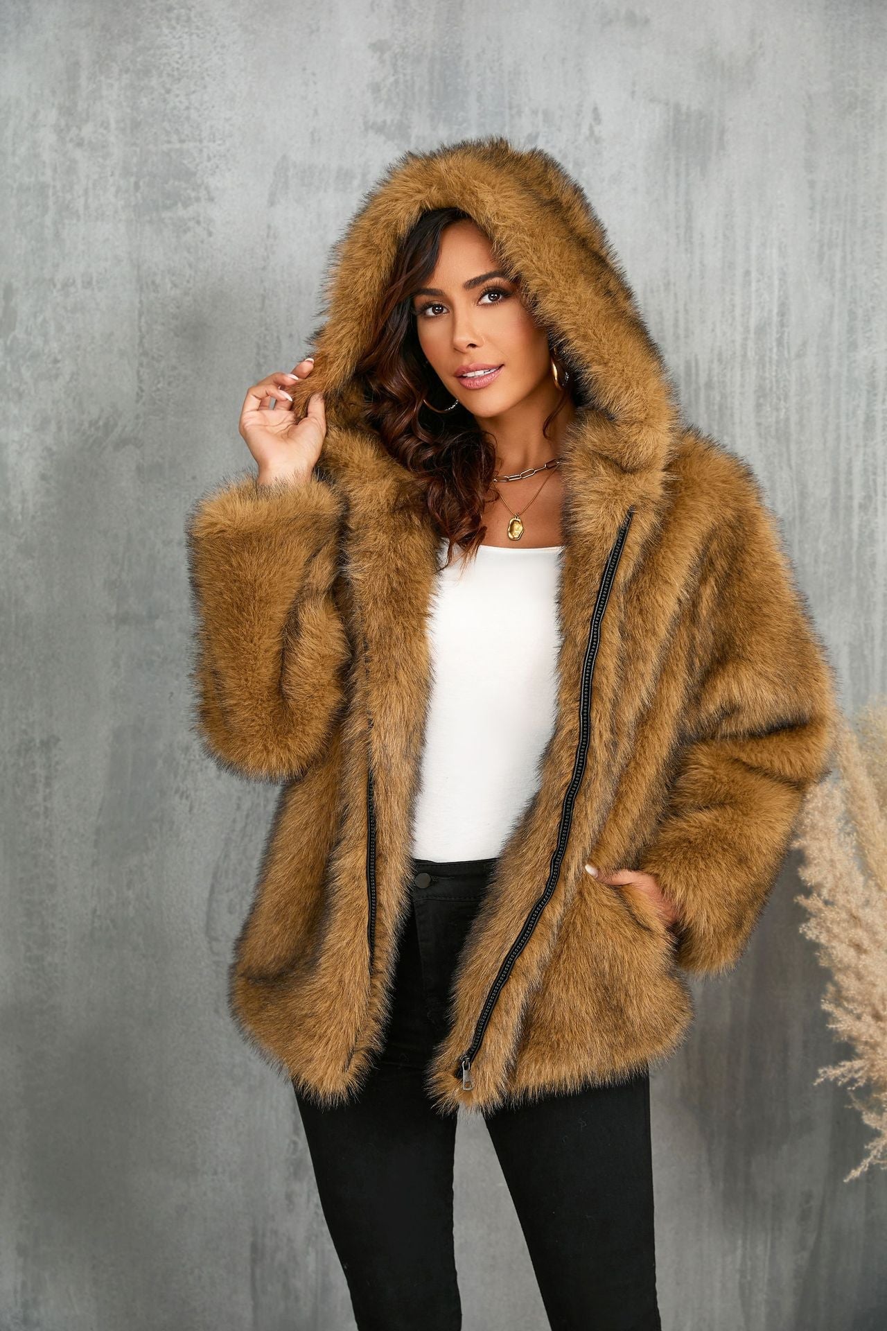 Fur Solid Color Loose Hooded Collar Coats