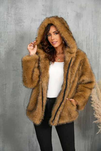 Fur Solid Color Loose Hooded Collar Coats