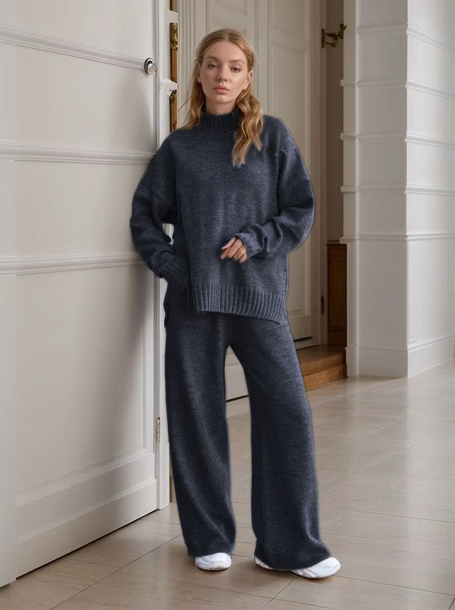 Women's Knitted Turtleneck Loose Long Sleeve Trousers Suits