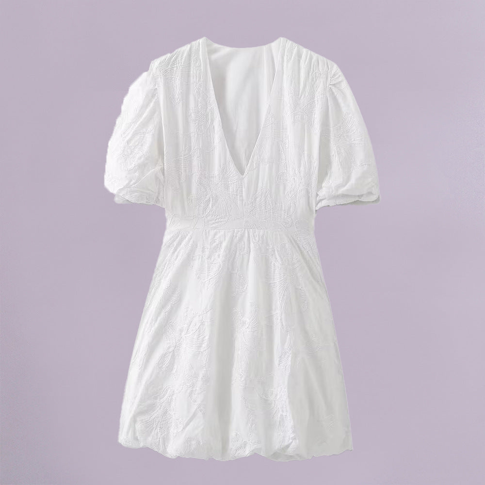 Women's Summer White Embroidery Puff Sleeves Mini Dresses