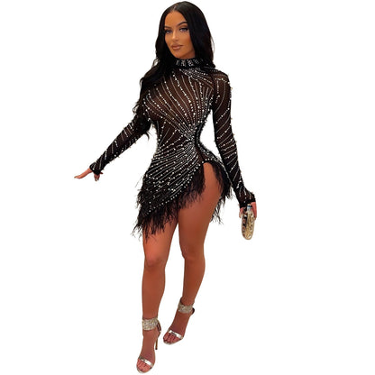 Women's Summer Fashion Sexy Tassel Mesh Rhinestone Dresses