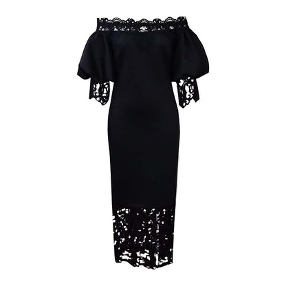 Women's Lace Stitching Banquet Dress Lantern Sleeve Dresses