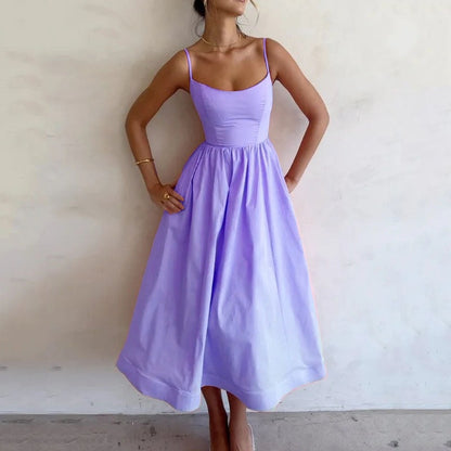 Women's Dopamine Solid Color Suspender Dress Waist Pleated Dresses
