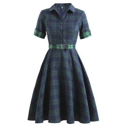 Women's Retro Elegant Hepburn Style British Plaid Dresses