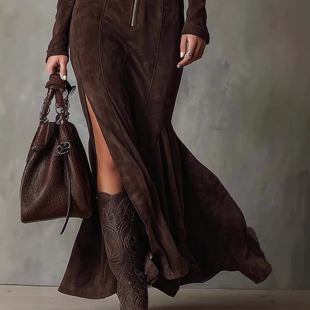 Modern Stand Collar Zipper High Slit Dresses