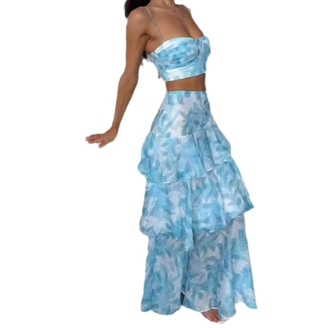 Women's Fashion Wrapped Chest Printed Backless Split Dresses