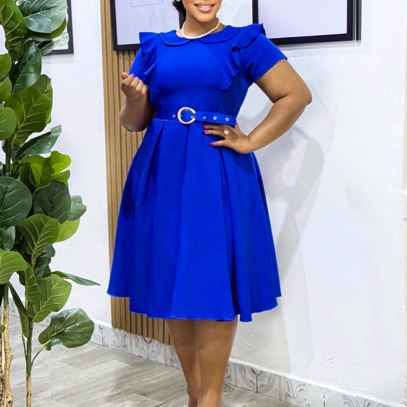 Women's Short-sleeved Doll Collar Solid Color Ruffled High Dresses