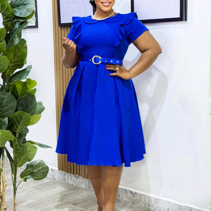 Women's Short-sleeved Doll Collar Solid Color Ruffled High Dresses