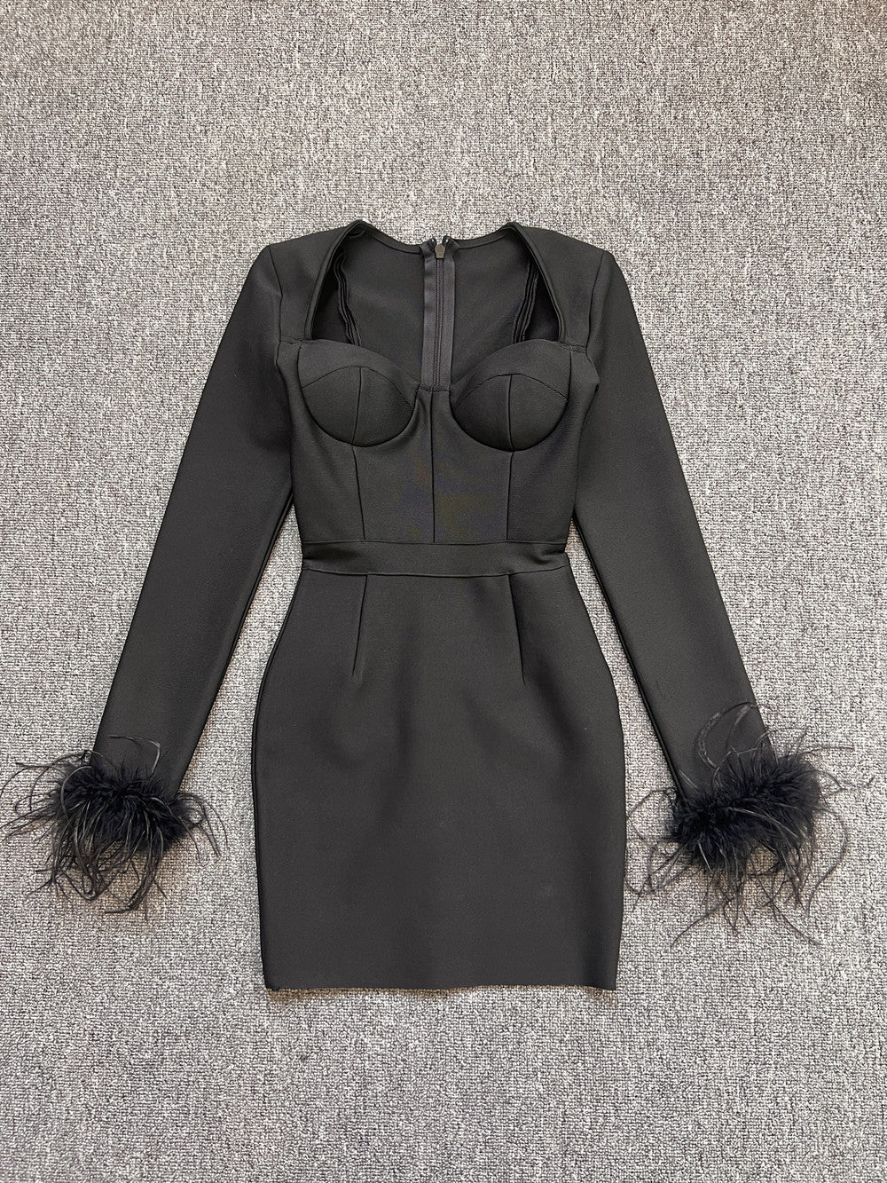 Women's Fashion Temperament Long Sleeve Tight Feather Dresses