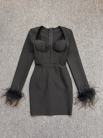 Women's Fashion Temperament Long Sleeve Tight Feather Dresses