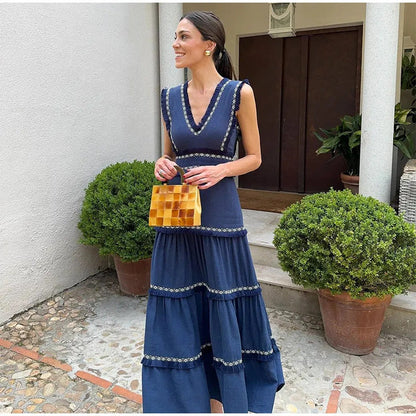 Women's Retro Tassel Stitching Fashion Sleeveless High Dresses
