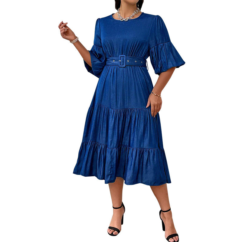 Women's Bubble Sleeve Round Neck Fashion Denim Dresses