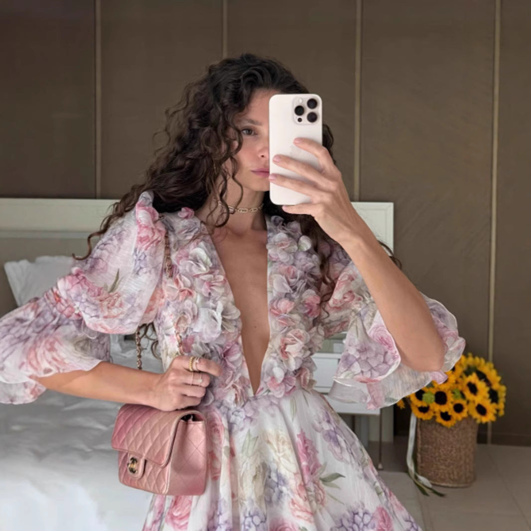 Drawstring Retro Printed Three-dimensional Applique Midi Dresses