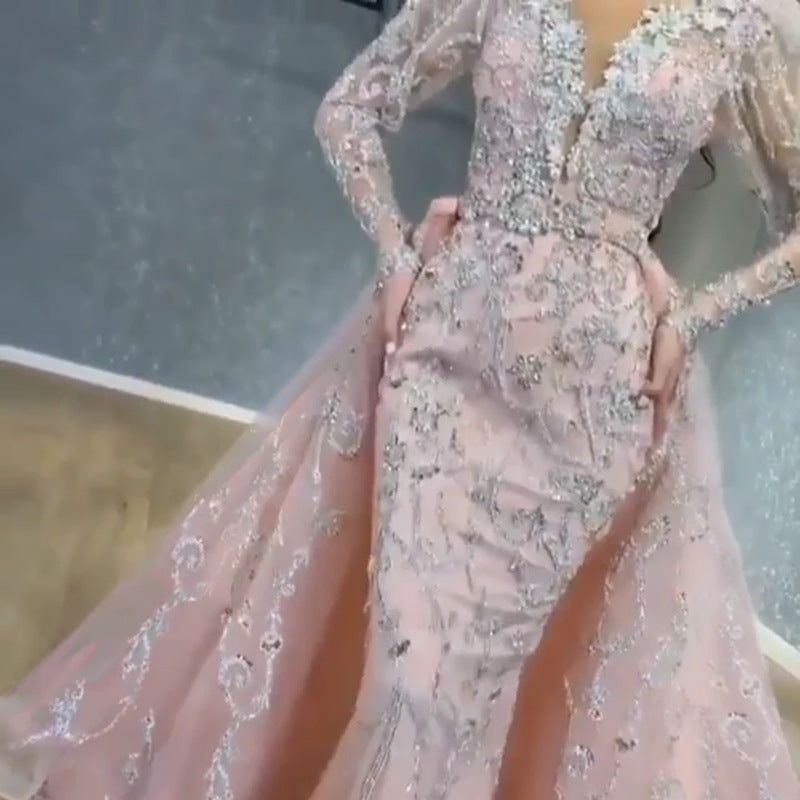 Spring Sexy Hip Tail Long Dress Pink Sequin Wedding Dresses