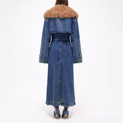 Long Denim Trench Winter Design Detachable Fur Coats