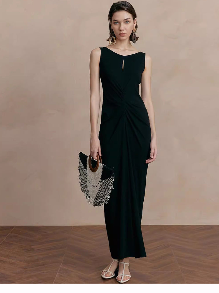 Color Round Neck Sleeveless Dress Pleated Dresses