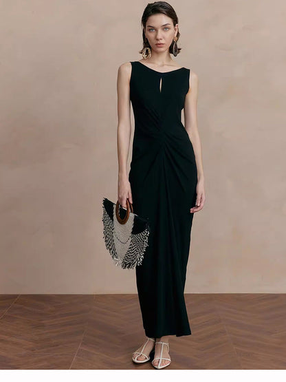 Color Round Neck Sleeveless Dress Pleated Dresses