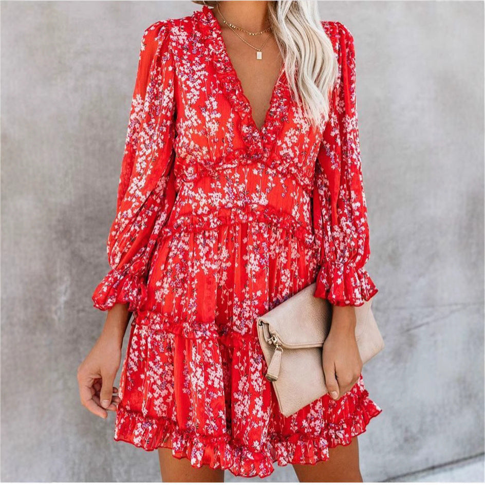 Printed Backless Long Sleeves Wooden Ear Dresses