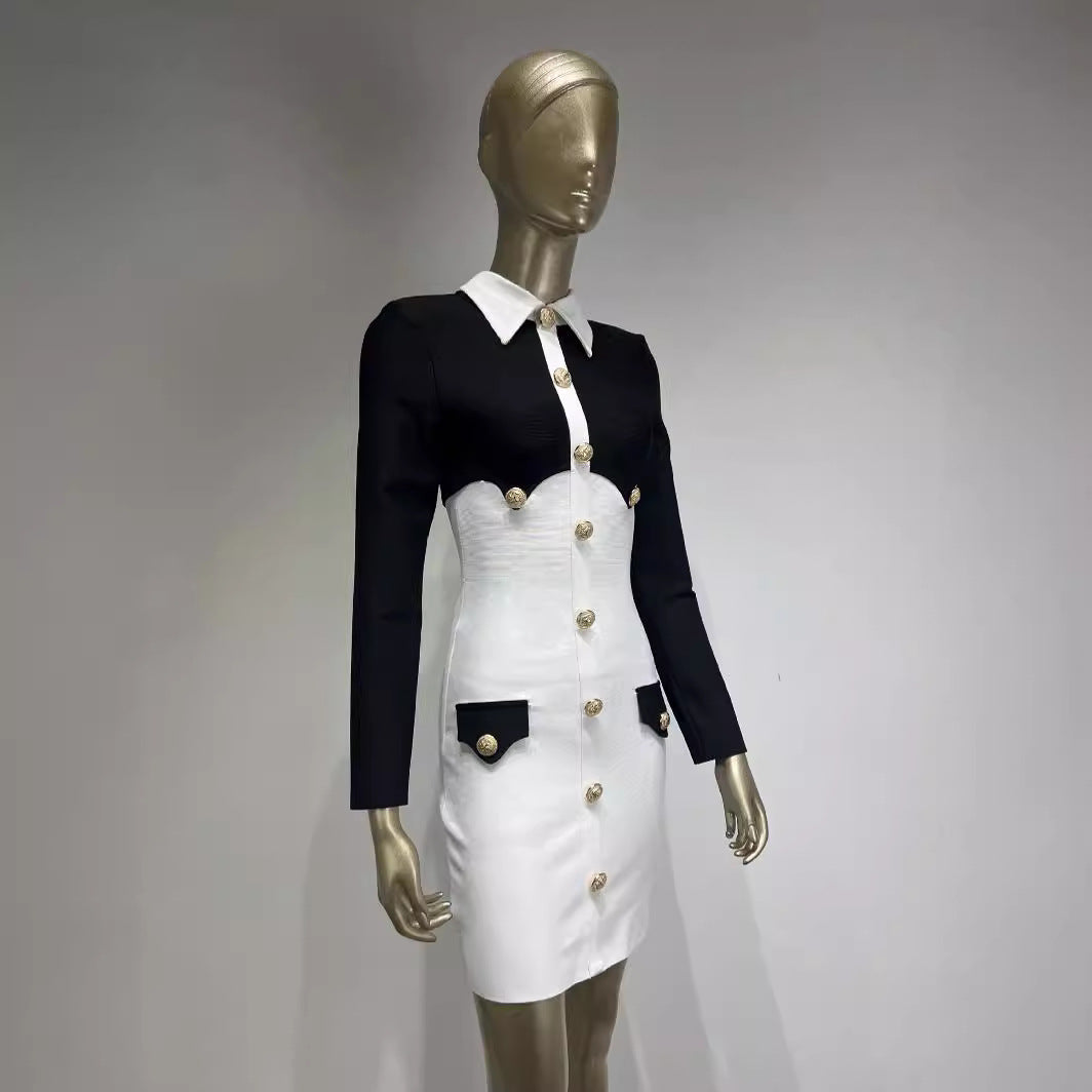 White Stitching Collar Metal Button Bandage Dresses