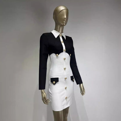 White Stitching Collar Metal Button Bandage Dresses