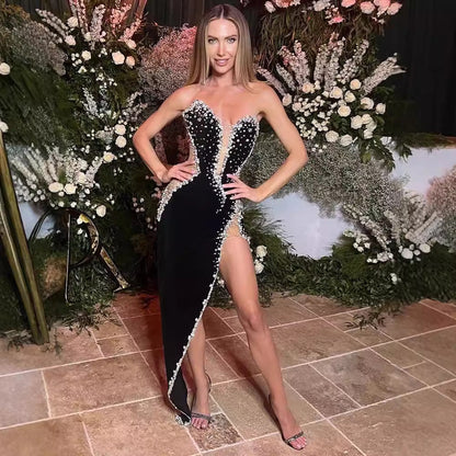 Dress Veet Sexy High Slit Beaded Dresses