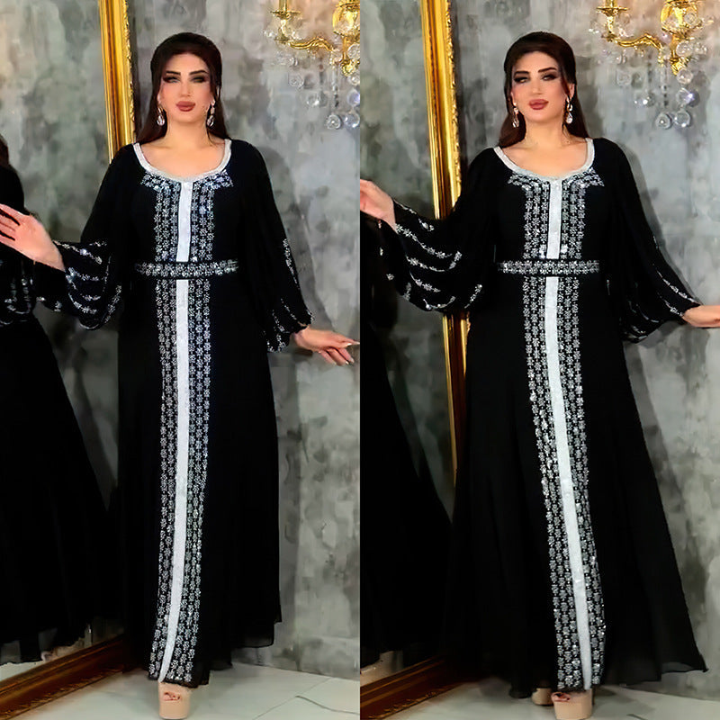 Women's Style Rhinestone Dress Chiffon Puff Sleeve Dresses