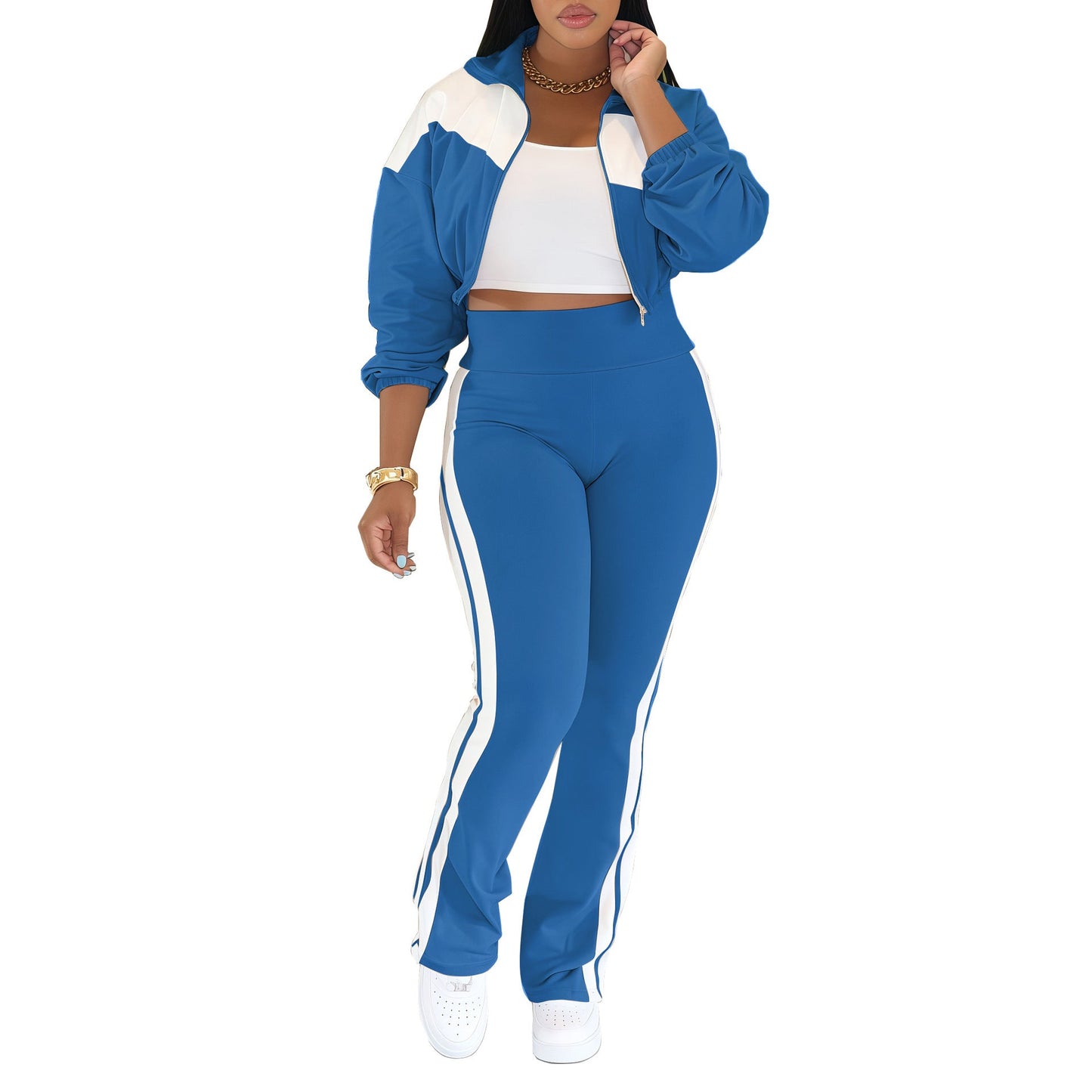 Women's Sports Casual Patchwork Long-sleeved Zipper Two-piece Suits