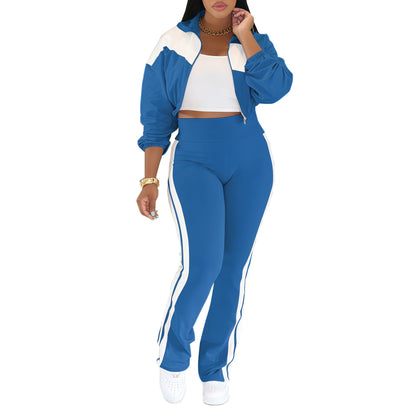 Women's Sports Casual Patchwork Long-sleeved Zipper Two-piece Suits