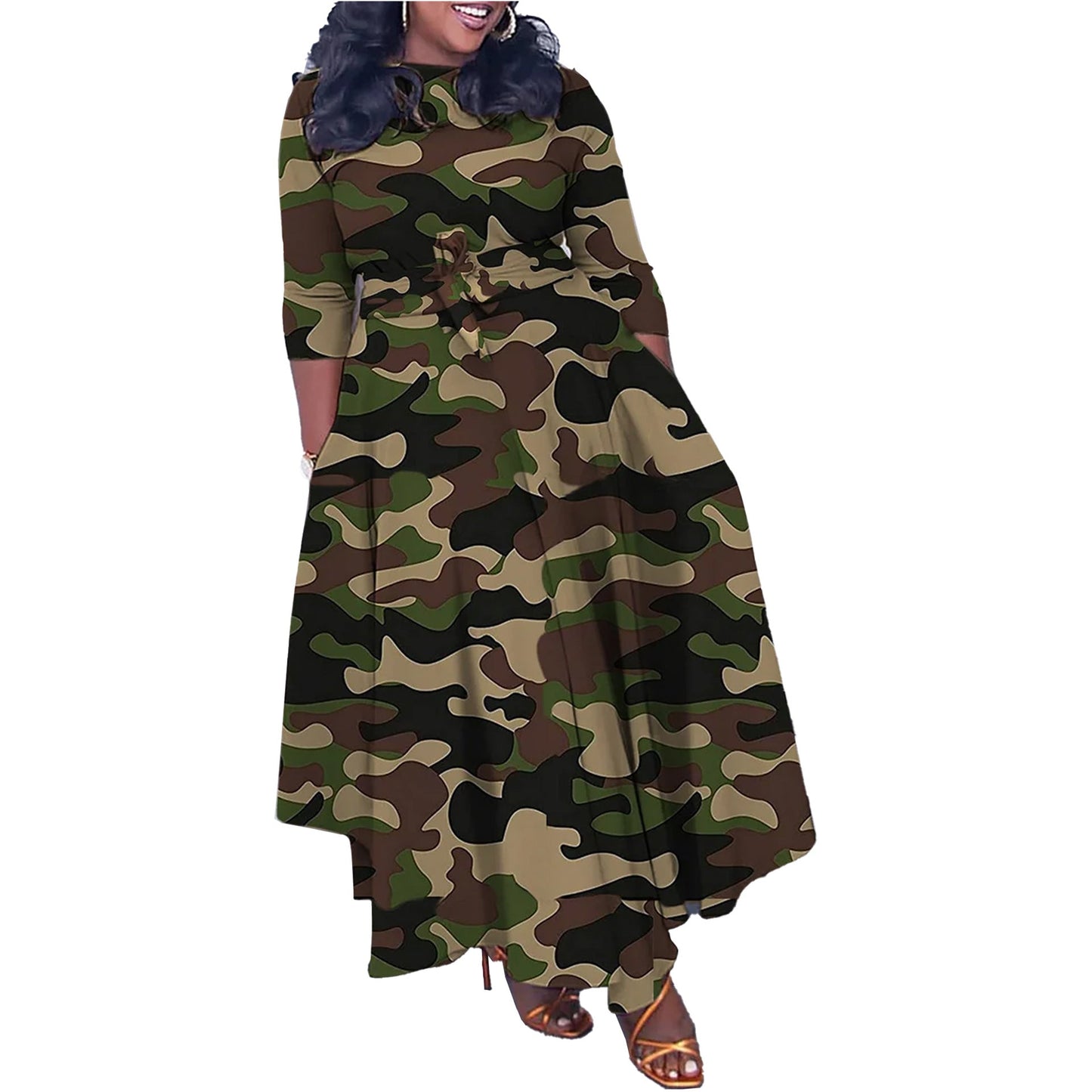 Slim Fit Camouflage Printed Large Waist Trimming Dresses