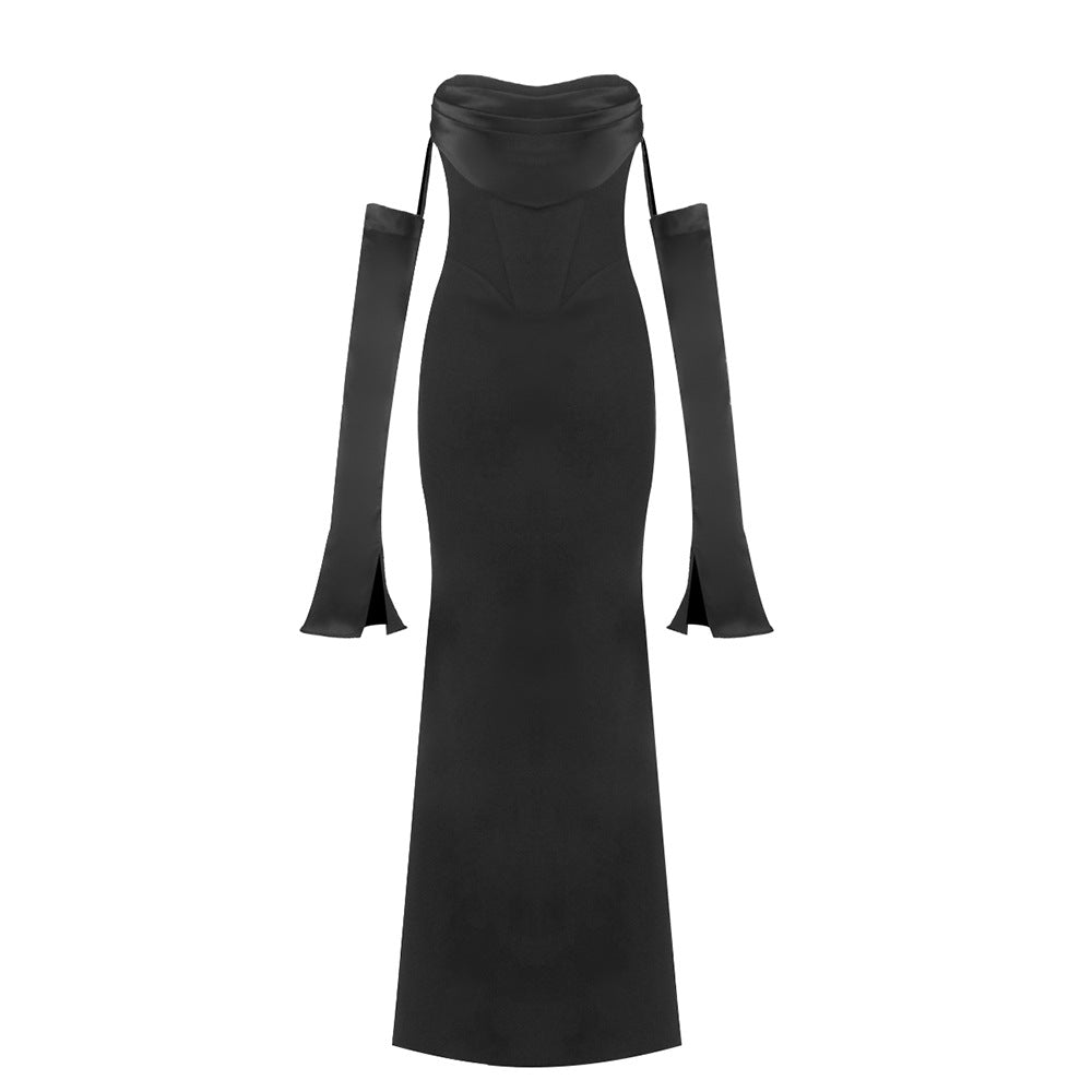 Women's Long-sleeved Dress Dinner Black White Waisted Dresses