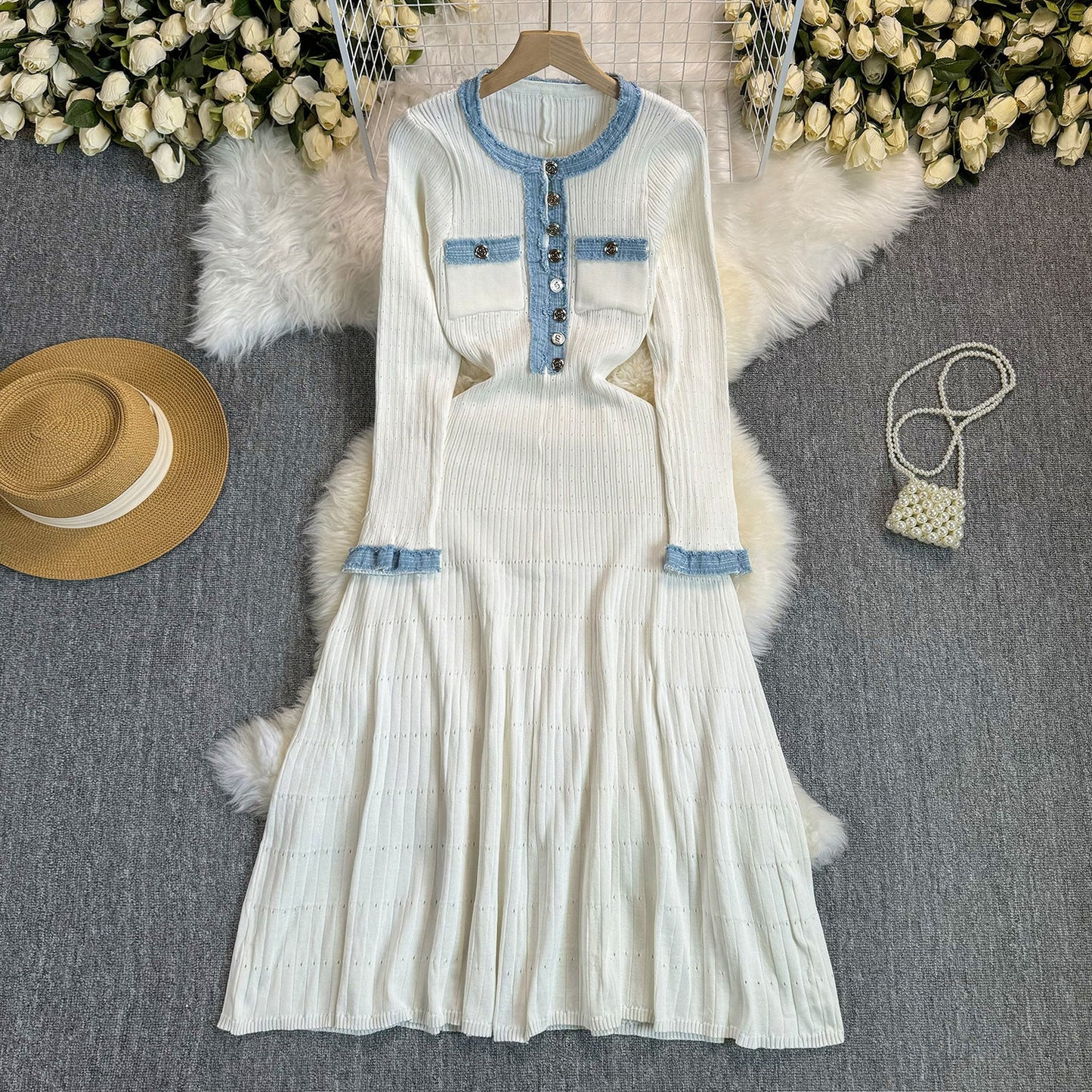 Stitching Denim Knitted Dress Simple Elegant Dresses