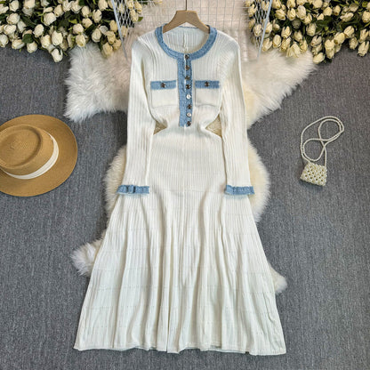 Stitching Denim Knitted Dress Simple Elegant Dresses