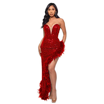 Women's Tube Sequined Feather Dress French Dresses