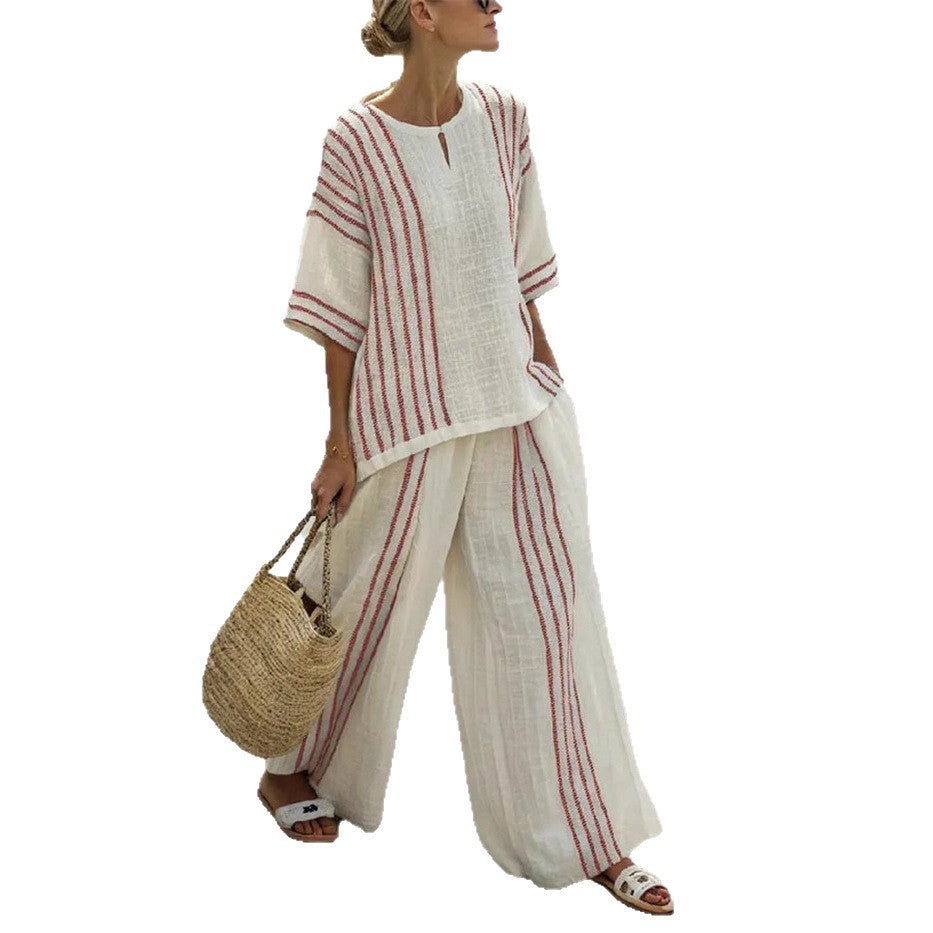 Women's Casual Comfortable Striped Printed T-shirt Wide Suits